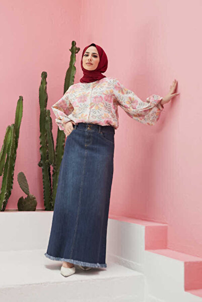 Neways 2252-Denim Eteği Püsküllü Etek Koyu Mavi