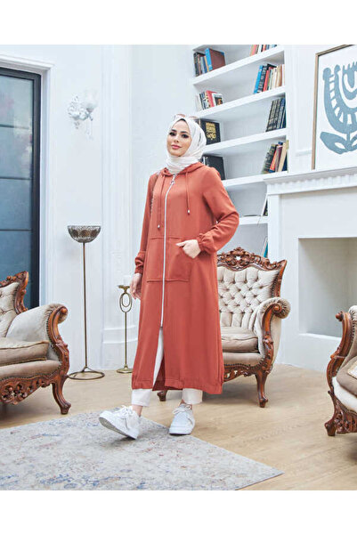 Neways 6475-krep Kapşonlu Fermuarlı Tunik Taba
