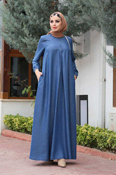 Neways 6482-Denim Front Single Pleated Dress Dark Blue