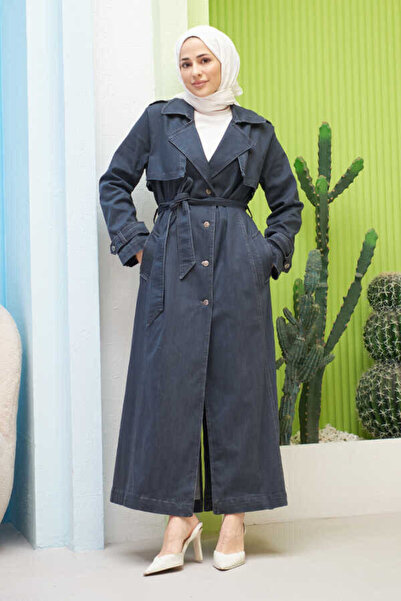 Neways 6458-Allerli Denim Trençkot Koyu Gri