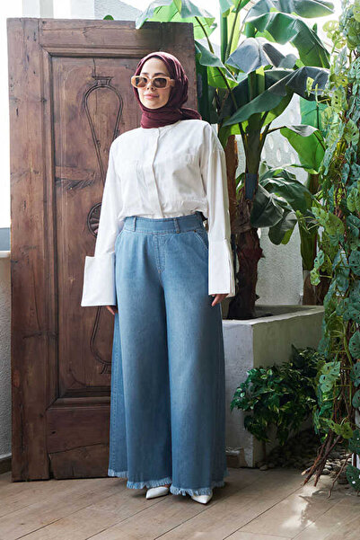 Neways 1153-Denim Püsküllü Pantolon Etek Açık Mavi