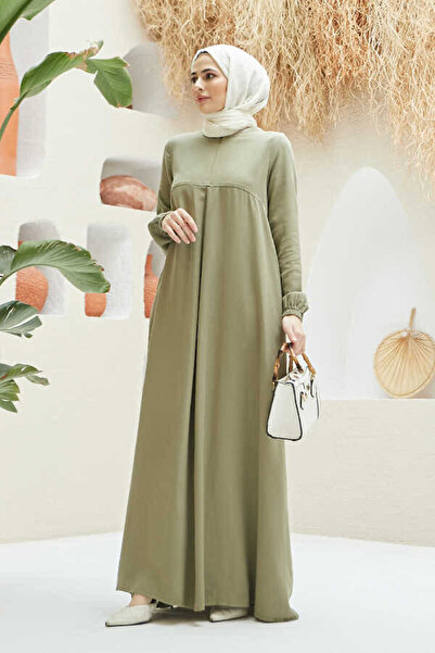 Neways 6482-denim Ön Tek Pileli Elbise Haki