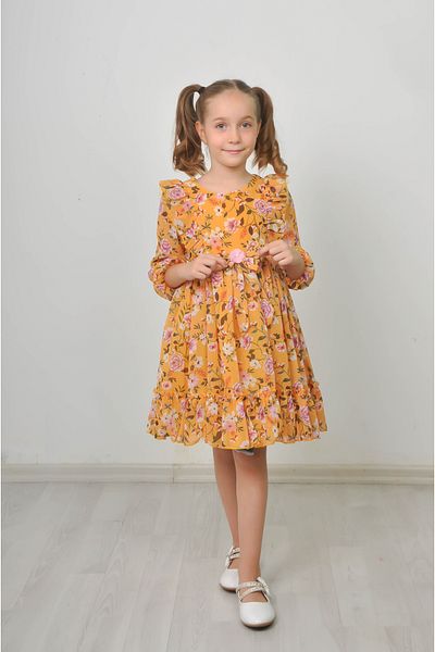 Filizdens Kids Rochie pentru fete Rochie cu fundă florală muștar Rochie casual pentru ziua de naștere