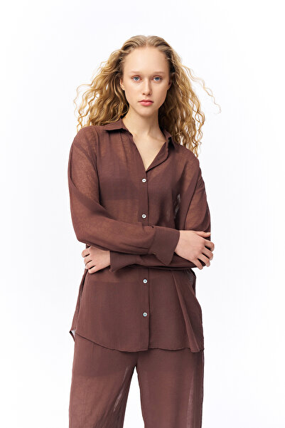 Quzu Düğmeli Şifon Gömlek Kahverengi