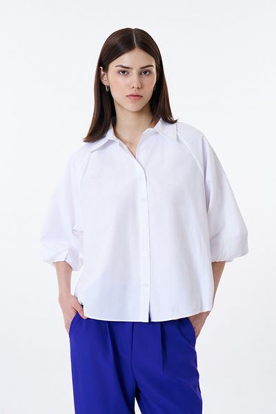 Quzu White Buttoned Shirt - Balloon Sleeve Detail