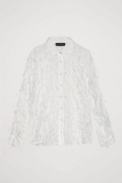 Quzu White Chiffon Shirt - Feather Detail