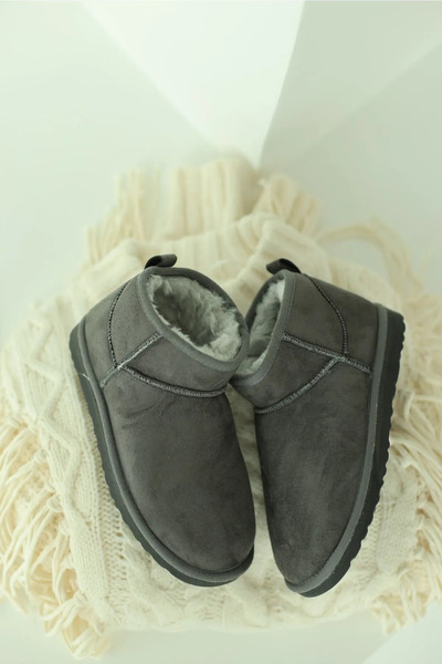 DUXAL Mini Gri Süet Yarım Bot içi Tüylü Düz Taban Kadın Ayakkabı