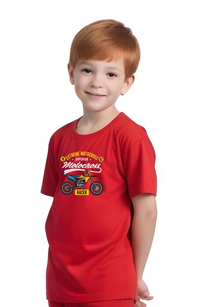 YA KO KİDS Motocross Racer Printed Boys' Short Sleeve Double Pocket Bottom-Top Suit