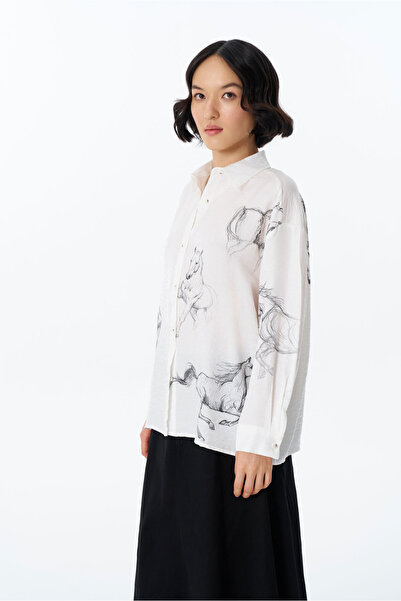 Quzu At Desenli Düğmeli Gömlek Ekru-Siyah