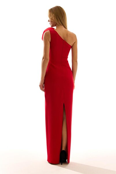 Elbisemhazır Tek Omuz Gül İşlemeli Yırtmaç Detaylı Kadın Uzun Abiye Elbise