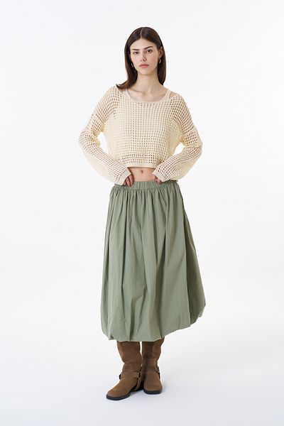 Quzu Khaki Midi Balloon Skirt - Pleat Detail