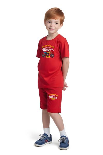 YA KO KİDS Motocross Racer Printed Boys' Short Sleeve Double Pocket Bottom-Top Suit