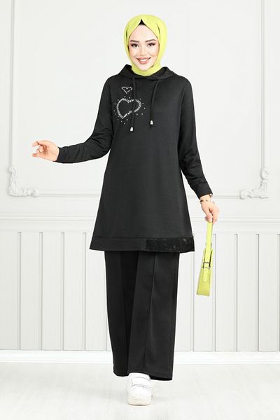 ModaMerve طقم حجاب أسود - بتفاصيل حجرية، 345DVL897-M