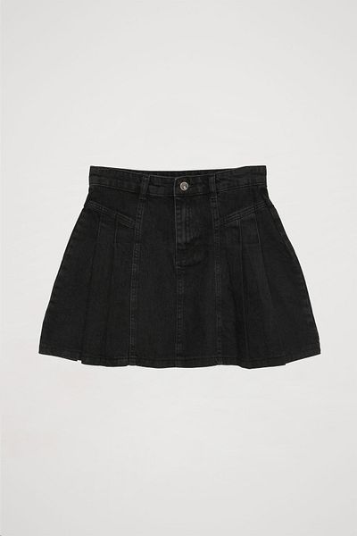 Quzu Anthracite Mini Denim Skirt - Pleat Detail