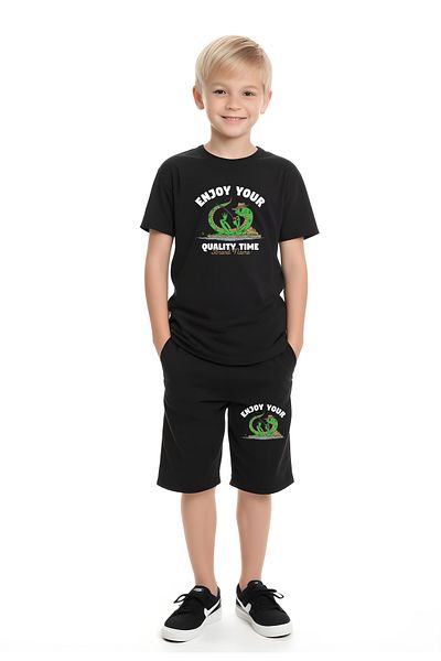 YA KO KİDS Quality Time Printed Boys' Short Sleeve Double Pocket Bottom-Top Suit