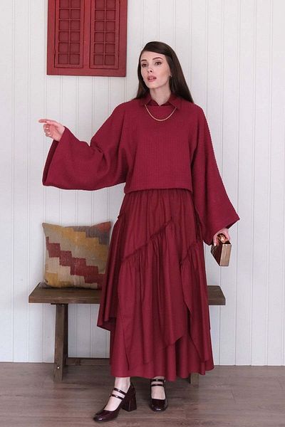 Ceylan Otantik Burgundy Layered Bohemian Skirt
