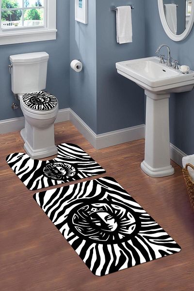 Doruklar Home Collection Modern Patterned 3-Piece Washable Non-Slip Toilet Seat Set - Bathroom Mat Set Apl05