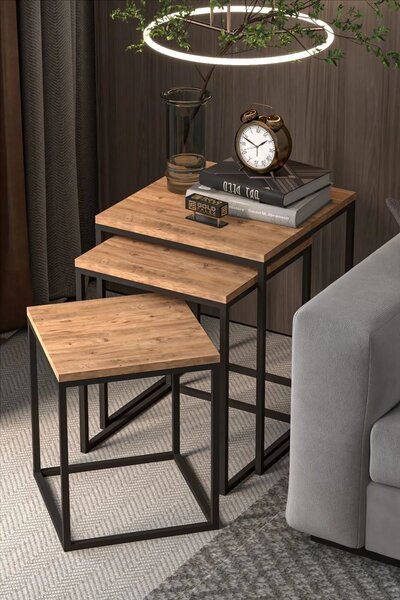 Reyo Falez Atlantik Çam Küp Model 3'lü Zigon Sehpa Seti