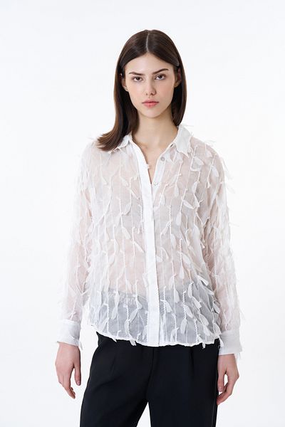 Quzu White Chiffon Shirt - Feather Detail