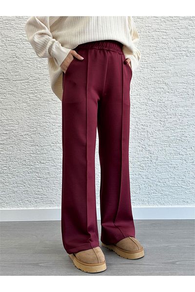 MELEK ARAZ Burgundy Women's Scuba Fabric Wide Leg Pants