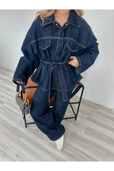 ky butikkk Blue Denim Women's Jacket and Trousers Set