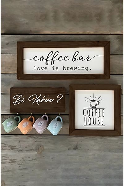 Wooden Factory Coffee Bar Coffee Corner with Cup Hanger Wall Decoration and Kitchen Ornaments, Wooden Board Set