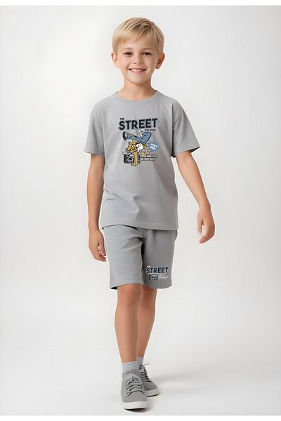 YA KO KİDS Street Stay Cool Printed Boys' Short Sleeve Double Pocket Bottom-Top Suit