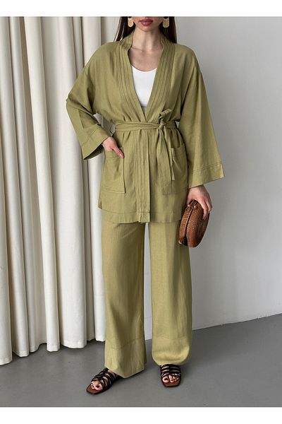 Laluvia Khakifarbenes Kimono-Set mit Taschendetail und Gürtel – 8491