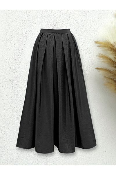 Modamorfo Elastic Waist Pleated Parachute Skirt -Black