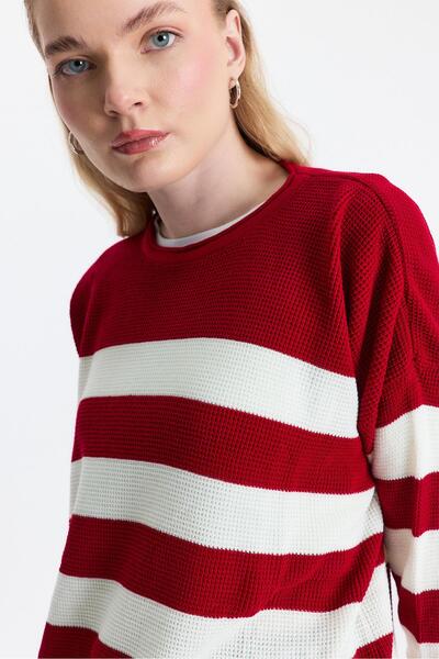 Rays 5380 Model Red Striped Crew Neck Tunic