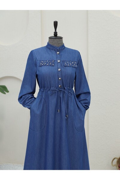 Modamorfo Φόρεμα Indigo Jeans - Πέτρινη λεπτομέρεια τσέπη και κορδόνια σήραγγας