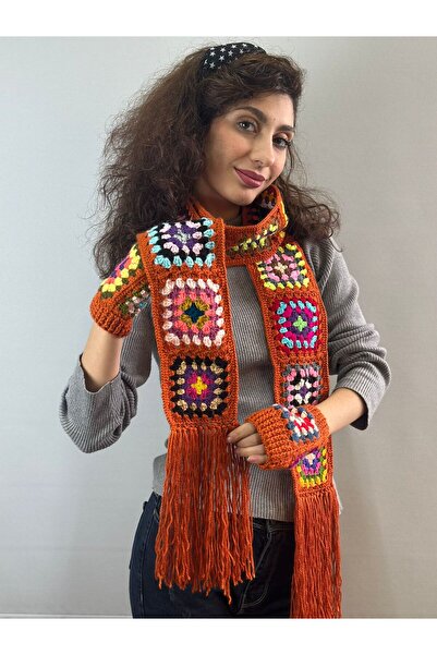 Gönülden Tasarım Ручно в'язані етнічні жіночі рукавички з мотивом, комплект з шарфом, бронзовий