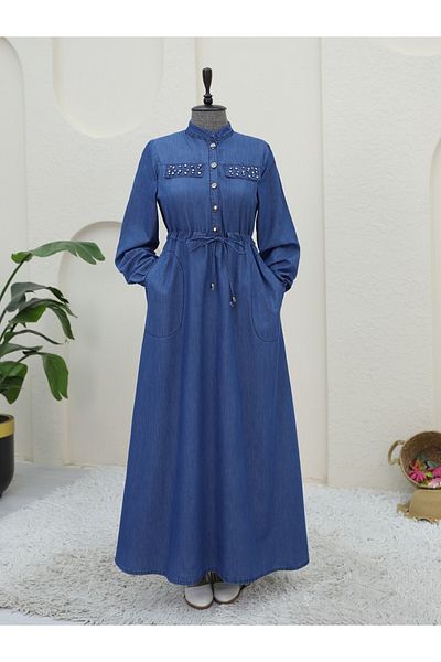 Modamorfo Φόρεμα Indigo Jeans - Πέτρινη λεπτομέρεια τσέπη και κορδόνια σήραγγας