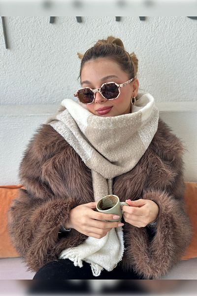 Luminos Butik Soft Textured Tasseled Plaid Patterned Warm Scarf - Beige, White, Mink Colors Sal1284