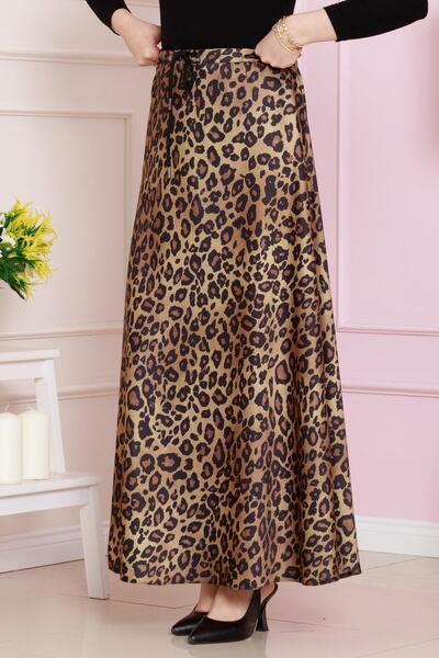 Sevitli Fusta muștar cu model leopard - Talie cu șireturi