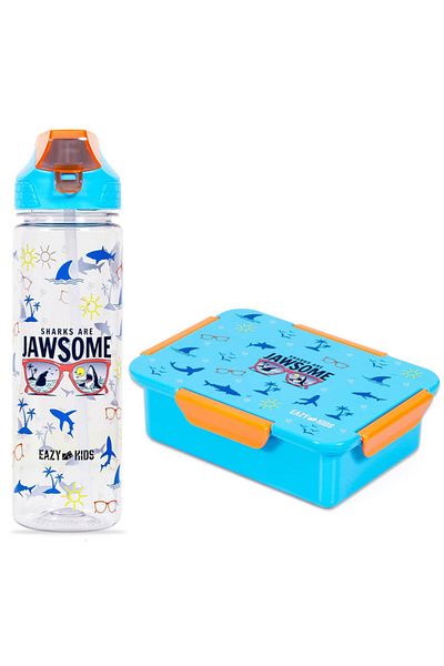 Eazy Kids Lunch Box and Tritan Water Bottle w / 2in1 drinking Flip lid and Sipper Jawsome - Blue