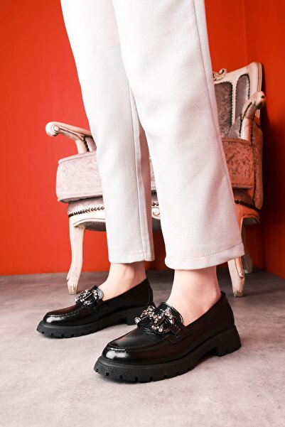 Lal Shoes & Bags Comfort Жіночі шкіряні лофери з камінцями - R.SİYAH