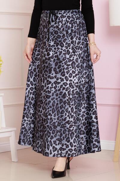 Sevitli Leopard Print Skirt with Lace-Up Waist-Gray