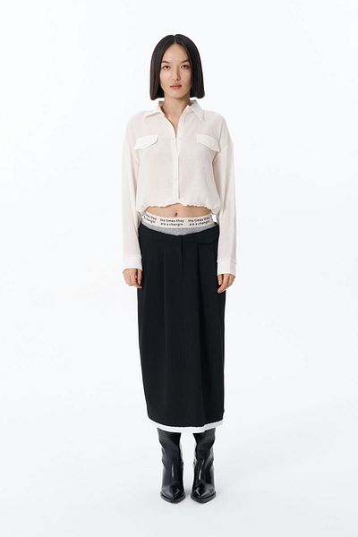Quzu Black Midi Skirt - Elastic Waist Lettering