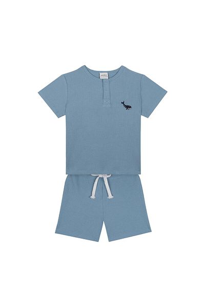 Antebies Whale Embroidery Blue Waffle Shorts Set