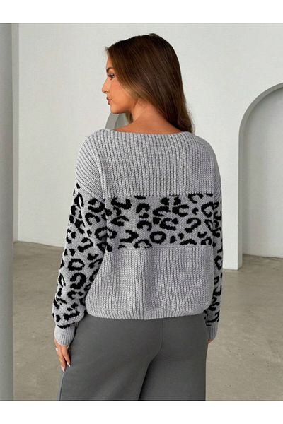Dier Moda Leopard Print Crew Neck Oversize Knitwear Sweater