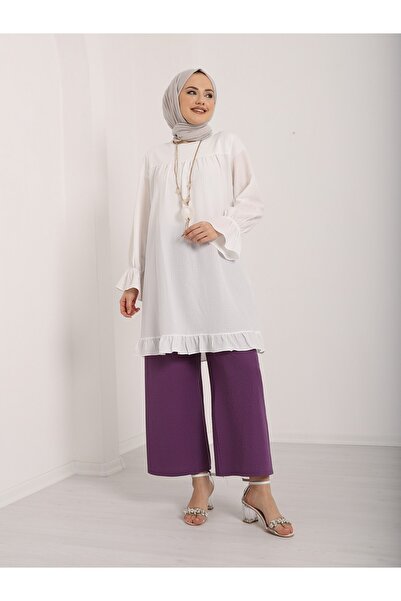 Modamorfo Wrapped Tunic with Elastic Sleeves and Frilly Skirt