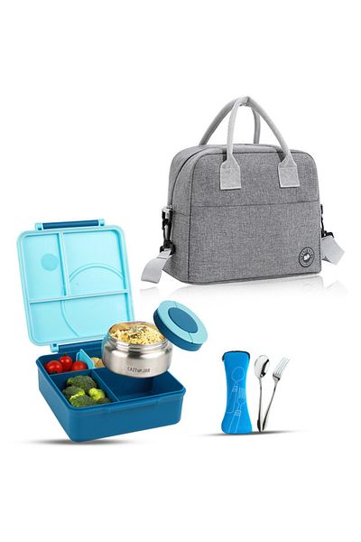 Eazy Kids Jumbo Bento Lunch Box w/ Grey Lunch Bag , Food Jar and Cutlery - Blue