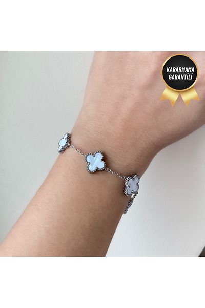 nerora White Silver Stainless Steel Clover Bracelet