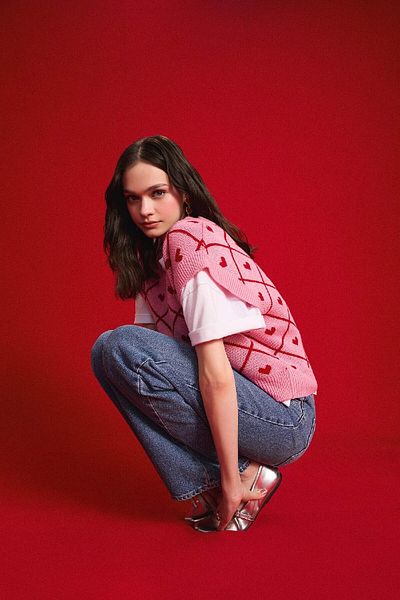 DeFacto Cool V-Neck Heart Patterned Sweater W6775Az25Sp