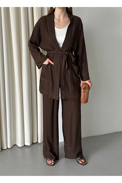 Laluvia Brown Pocket Detailed Belted Kimono Set - 8491