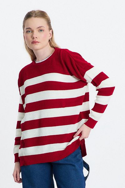 Rays 5380 Model Red Striped Crew Neck Tunic