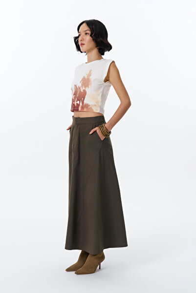 Quzu Beli Lastikli Pileli Midi Etek Haki