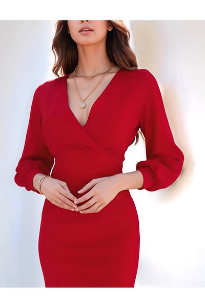 Trendusfashion Women's V Neck Long Sleeve Midi Dress