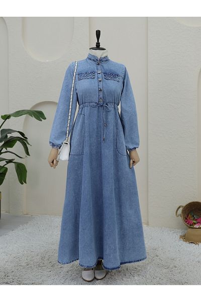 Modamorfo Rochie din denim cu șireturi tunel cu buzunar de piatră albastră de gheață